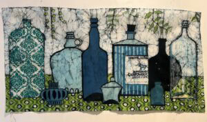 Artistic bottles illustration with blue and green patterns.