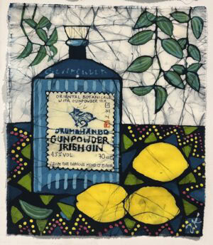 Colourful gin artwork with leaves and lemons.