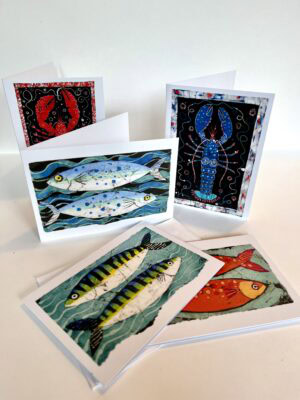 Colourful fish and crustaceans on greeting cards