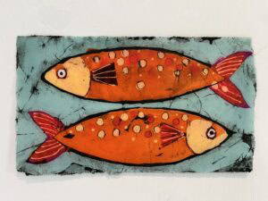 Colourful painting of two abstract orange fish.