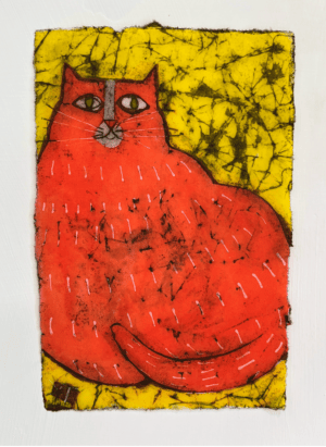 Abstract red cat on yellow background artwork.
