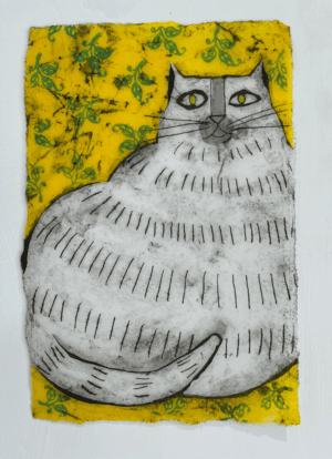 Abstract grey cat on floral yellow background.