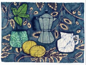 Artistic print of leaves, lemon, and ceramic items.