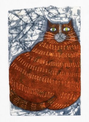 Abstract painting of a large orange cat.